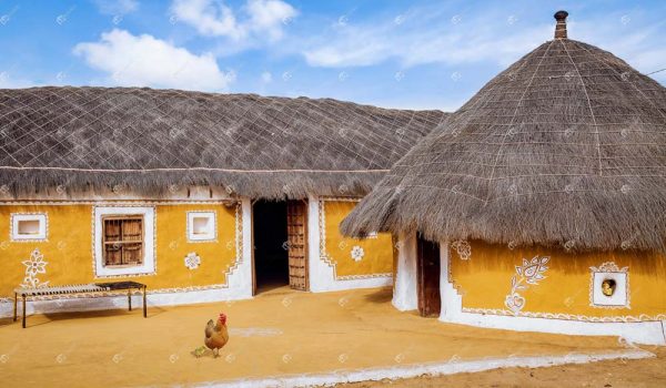 Rajasthan rural village with mud huts at Jaisalmer Rajasthan